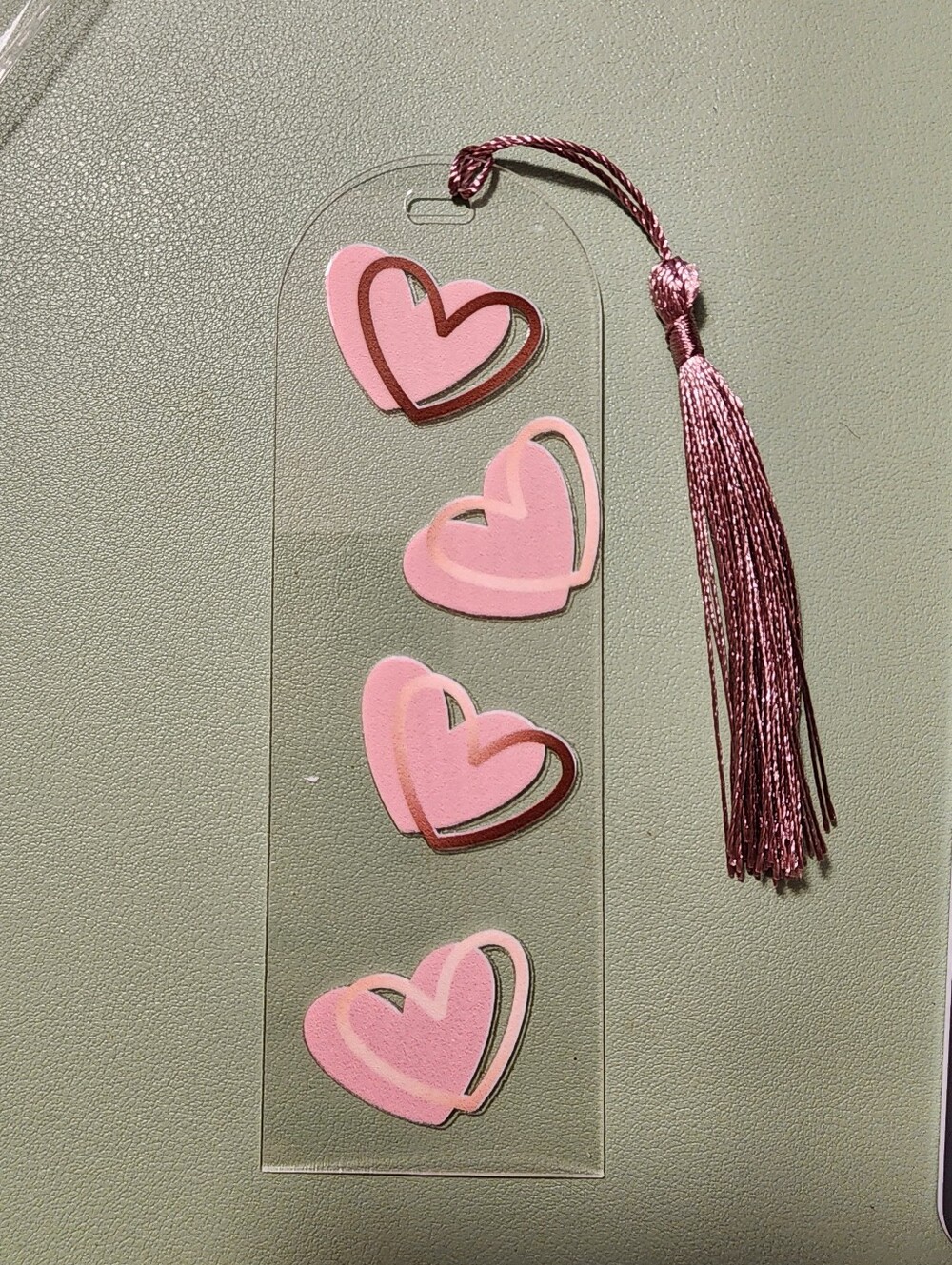 Acrylic Bookmark with Pink Heart Stickers and Pink Tassel. Handmade